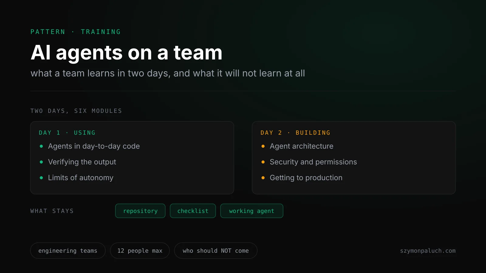 Two workshop day columns with three modules each: day one using agents, day two building agents, next to them three chips for what the team keeps: a repository, a checklist and a working agent