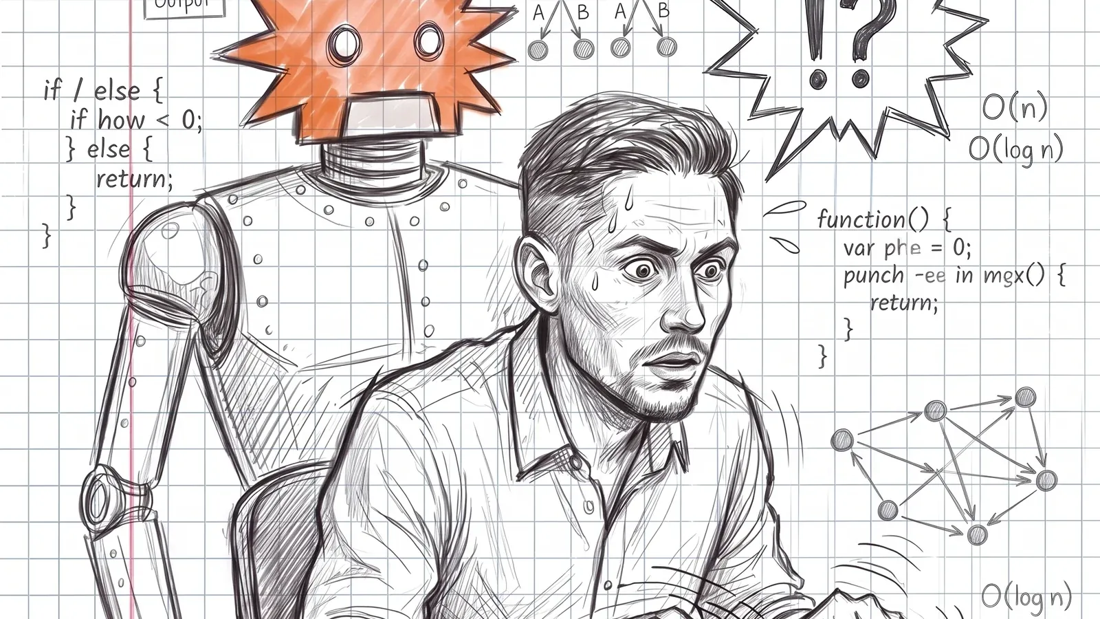 Notebook sketch: a stressed architect at a keyboard during an exam, a robot behind him, code fragments and graphs all around