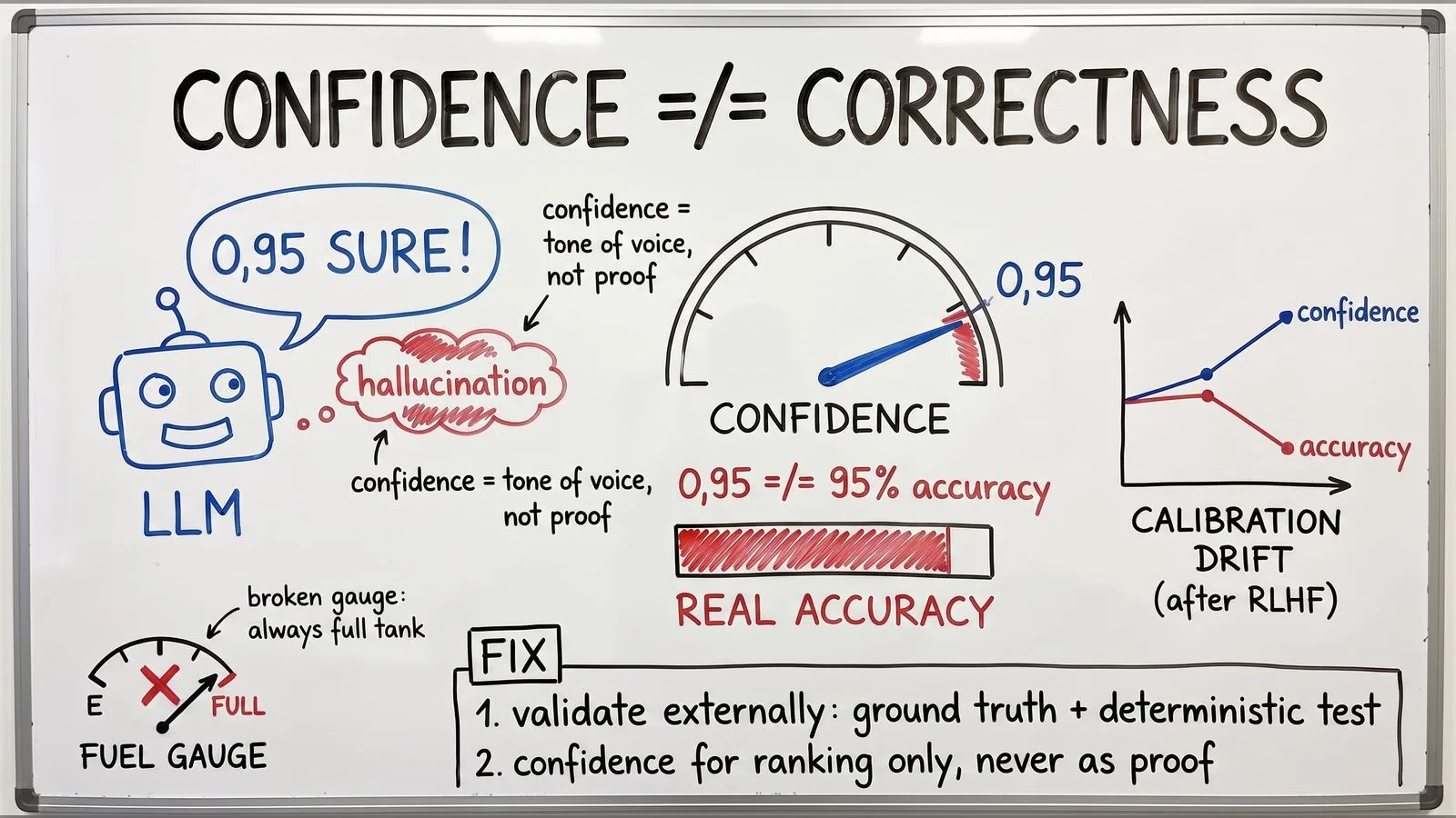 A confidence score is a tone of voice, not proof — calibration drift after RLHF