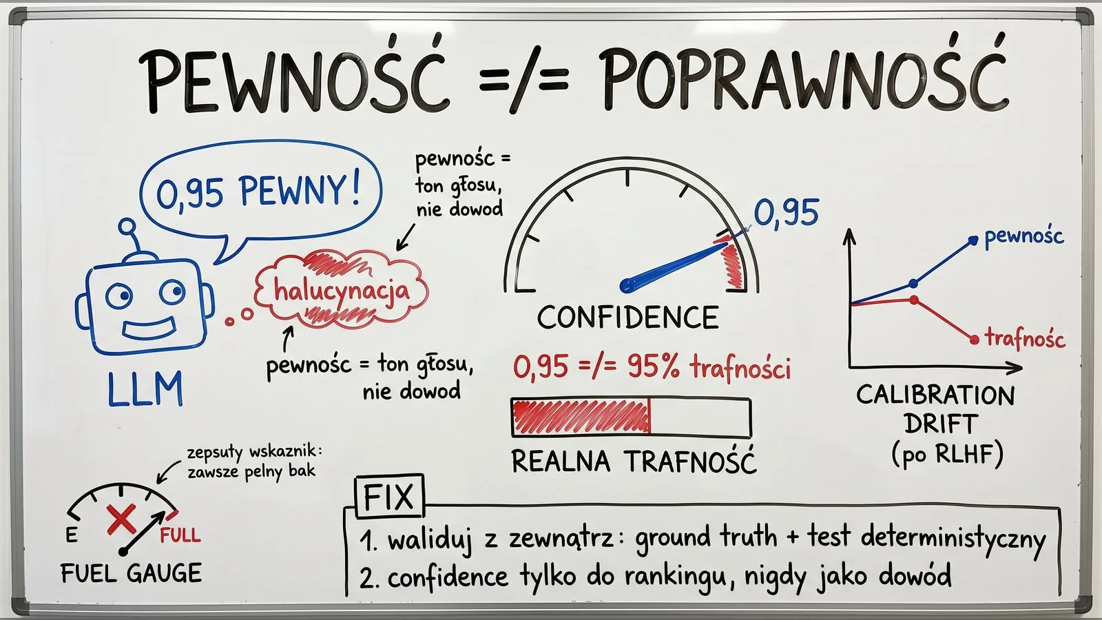 Confidence score to ton głosu, nie dowód — calibration drift po RLHF
