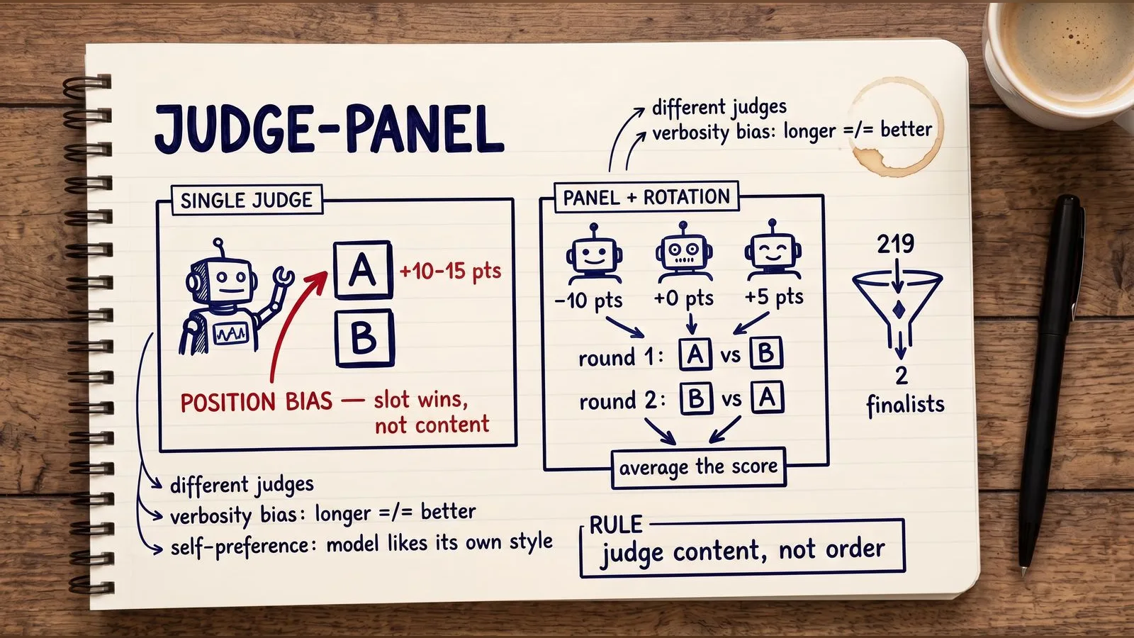 Position bias in LLM-as-judge — an adversarial panel with position rotation