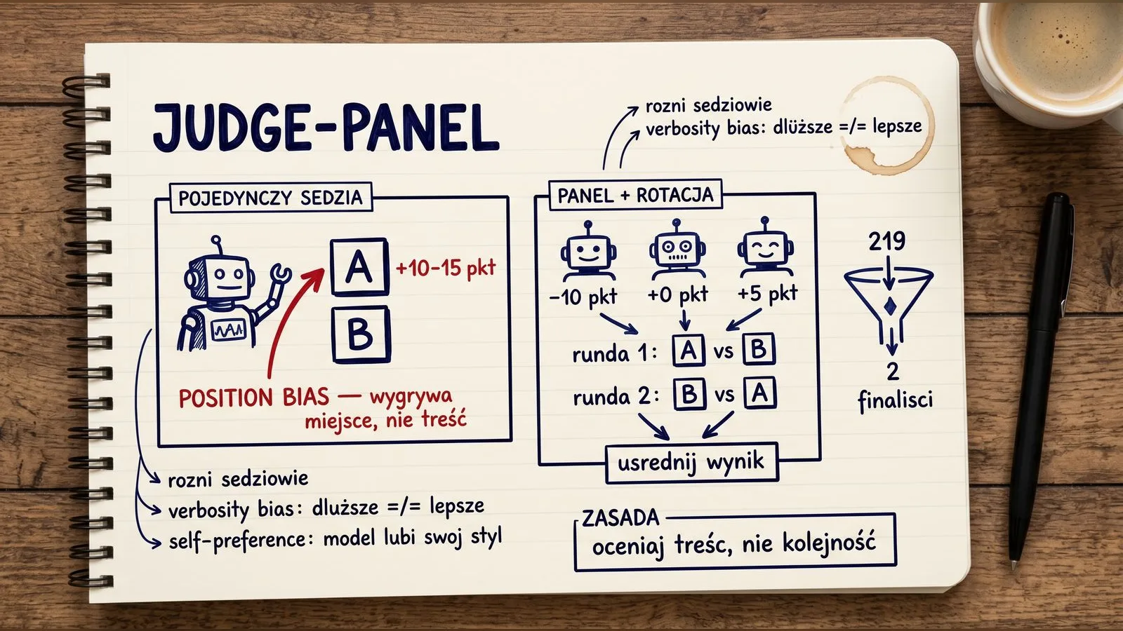 Position bias w LLM-as-judge — panel adwersaryjny z rotacją pozycji