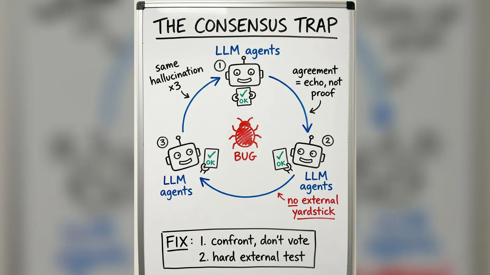 Consensus of three LLM agents as a shared echo of the same errors