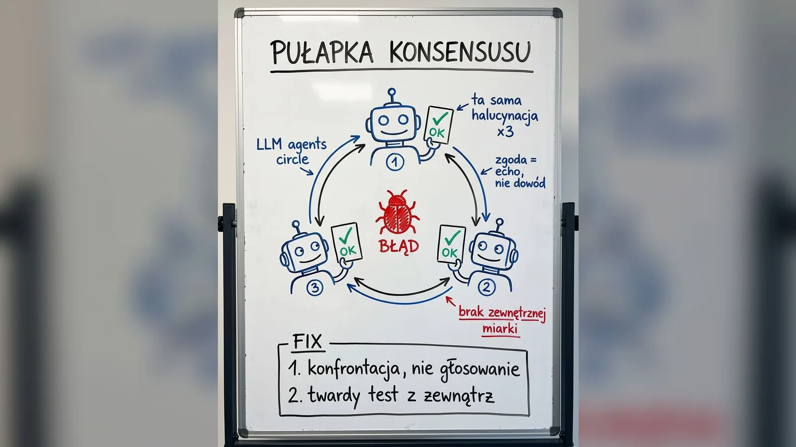 Konsensus trzech agentów LLM jako wspólne echo tych samych błędów